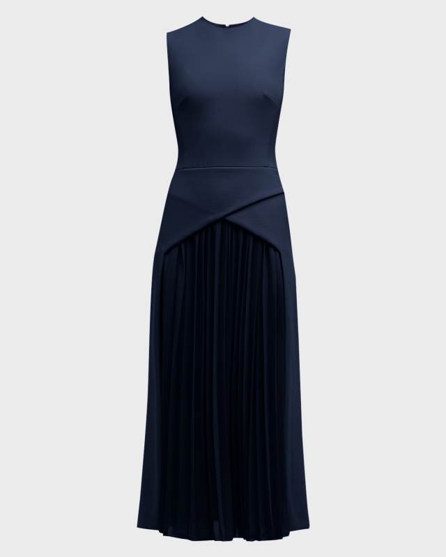 Wool-Blend Midi Dress with Pleated Detail